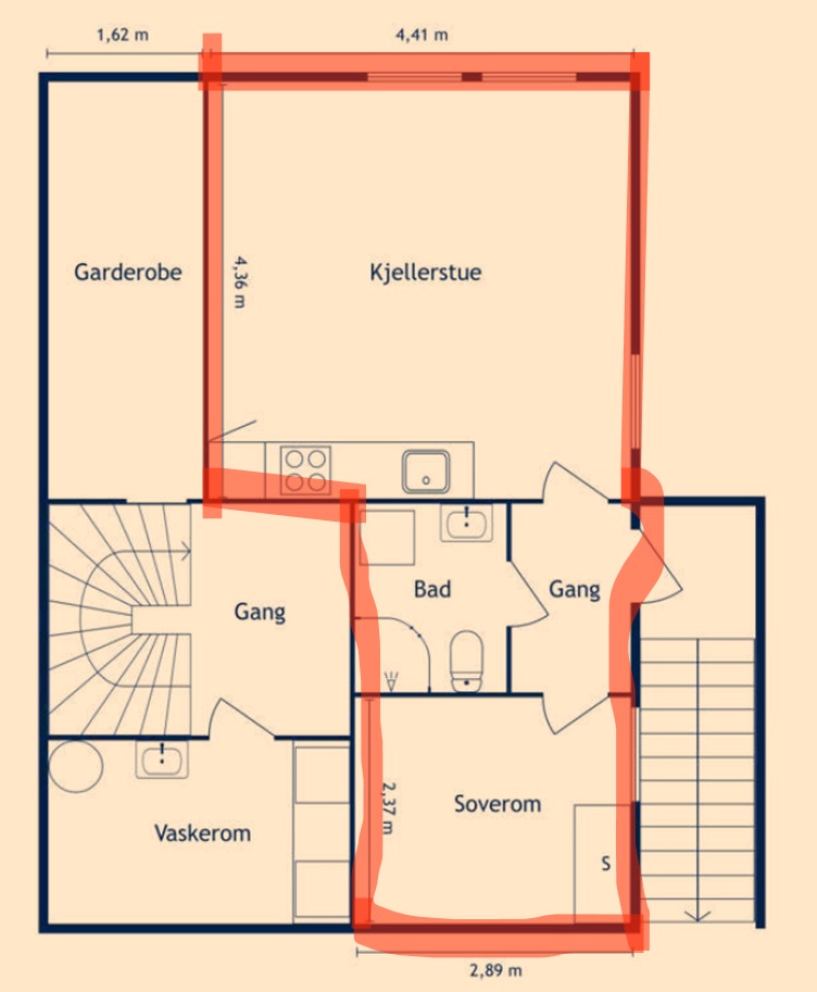 Planløsning - hybel markert i rødt